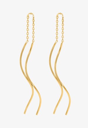 Orecchini color oro con gancio a catena, caratterizzati da due lunghi filamenti metallici ondulati che si assottigliano a punte fini alle estremità.