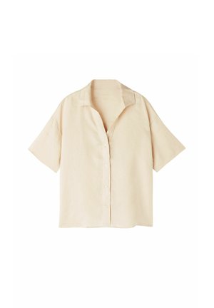 Lichtbeige korte mouwen shirt van linnen. Heeft een kraag en een knoopsluiting aan de voorkant, met een losse pasvorm en een gladde textuur.