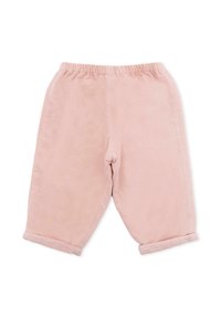 Lichtroze corduroybroek met een elastische tailleband, cropped lengte en opgerolde boorden. Gladde textuur met zichtbare verticale ribbels.