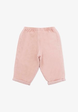Pantaloni in corduroy rosa chiaro con una cintura elastica, di lunghezza cropped e con il risvolto. Texture liscia con strisce verticali visibili.