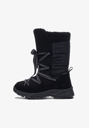 Stivale invernale nero con parte superiore in pile, lacci grigi incrociati, pannello laterale imbottito impermeabile e suola in gomma resistente.