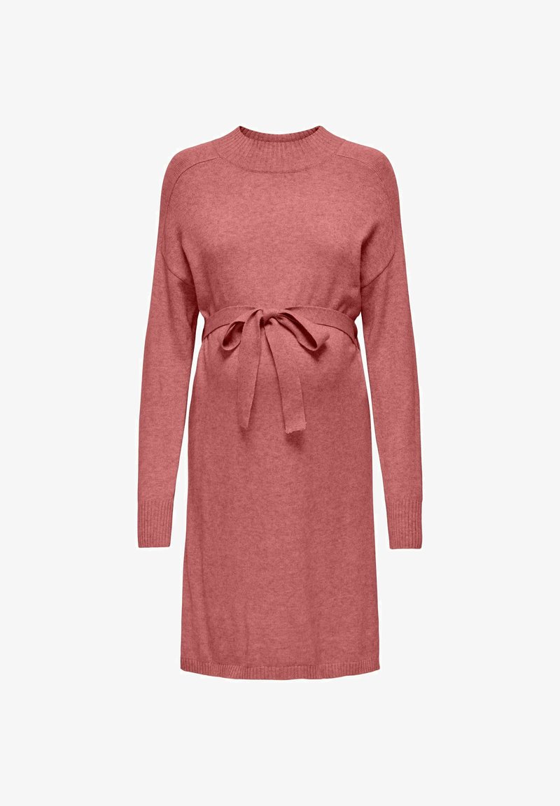 Roze gebreide jurk met lange mouwen, ribbeldetails en een stoffen riem die rond de taille is geknoopt. Zachte textuur en een ontspannen pasvorm.