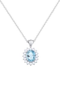 Söljd halsband med en oval blå ädelsten i mitten, omgiven av klara stenar i en blommig inställning på ett tunt kedja.