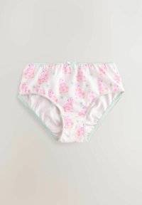 Culotte en coton blanc avec un motif d'ours roses et d'étoiles colorées. Équipée d'une dentelle vert menthe et d'un petit nœud à la taille.
