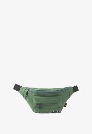 Riñonera de lona verde con una textura suave, que cuenta con dos compartimentos con cremallera y una correa negra ajustable. Logo mostrado de manera prominente.