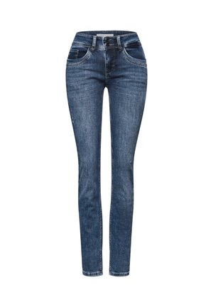 Slim-fit tummansinisiä farkkuja, joissa on napillinen suljenta, etutaskut, vaalea kulutus ja kontrastiväriset ompelutiedot.