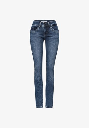 Jeans slim fit di colore blu scuro realizzati in denim, con chiusura a bottone, tasche frontali, leggera scoloritura e dettagli di cucitura a contrasto.