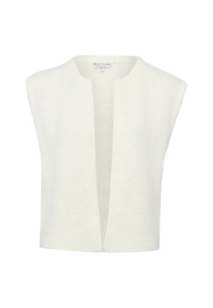 Weißes, ärmelloses, offen geschnittenes Texturweste mit rundem Ausschnitt, Etikett "Marie Lund Copenhagen" im Krageninneren.