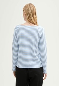 Blau und weiß gestreiftes Langarmoberteil mit weitem Ausschnitt, aus weichem Stoff und entspanntem Schnitt. Die Rückansicht zeigt raglan Ärmeln.