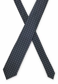 Twee donkerblauwe stropdassen gekruist, met een herhalend patroon van kleine witte en lichtblauwe ruitjes.