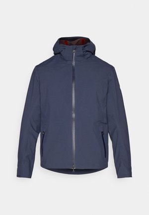 Giacca impermeabile blu navy con cappuccio, chiusura frontale con zip e due tasche laterali. Tessuto liscio e vestibilità leggermente sagomata.