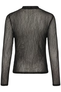 Juodas permatomas ilgomis rankovėmis marškinėlis su subtiliu tekstūruotu raštu, klasikine apykakle ir prigludusia silueto linija, matomas iš nugaros.