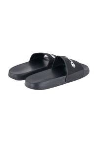 Black slide sandals with textured mesh straps, flat cushioned soles, and logo detail; streamlined design for comfort and ease of wear.