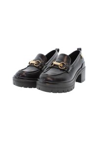 Mustat nahka loaferit paksulla platform-pohjalla, joissa on kultainen ketjuaccentti etuosa ja tukeva kanta. Sileä tekstuuri.