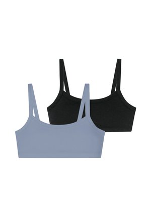 Two bralettes: one light blue and one black, both made of soft fabric with adjustable spaghetti straps and a simple, seamless design.