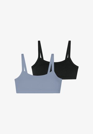 Zwei Bralettes: eines in Hellblau und eines in Schwarz, beide aus weichem Stoff mit verstellbaren Spaghettiträgern und einem einfachen, nahtlosen Design.