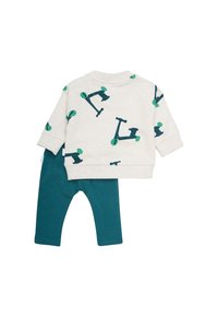 Sweatshirt gris clair avec imprimé de trottinette verte, associé à un legging teal. Les deux en coton doux et extensible. Design élégant pour les enfants.