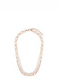 Halskette aus Roségold mit ovalen Gliedern und einer Reihe runder Perlen, ausgestattet mit einem sicheren Verschluss und einer verstellbaren Kettenlänge.