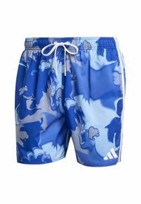 Shorts da bagno blu con un motivo a marmo in diverse tonalità di blu, con un cordino bianco e strisce bianche di accento sui lati.