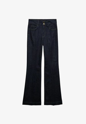 Mørkeblå, flagrende jeans lavet af denim, med fem lommer, knap- og lynlåslukning samt synlig syning langs sømmene.