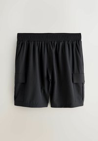 Schwarze Cargo-Shorts mit einem elastischen Bund, zwei seitlichen Taschen und zwei Cargotaschen. Hergestellt aus einem glatten, leichten Material.