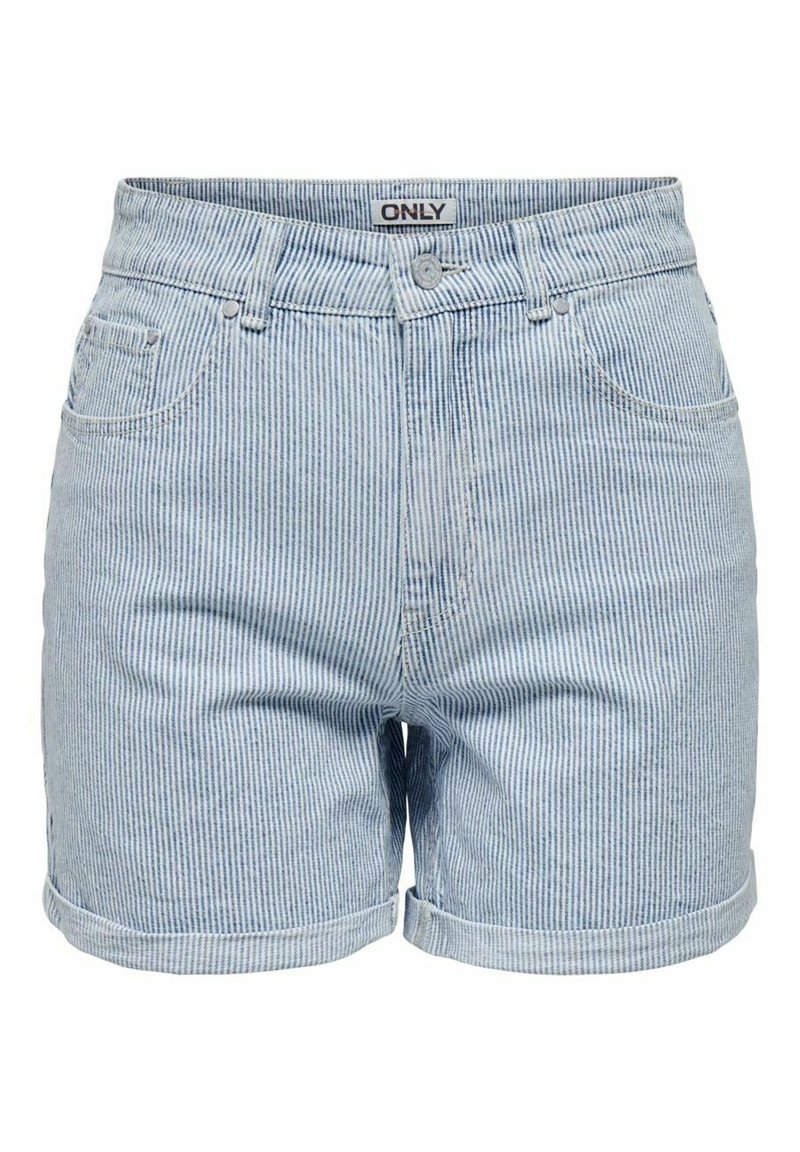 Pruhované džíny šortky ve světle modré a bílé barvě, s vysokým pasem, ohrnutými manžetami, pěti kapsami a zapínáním na knoflík.