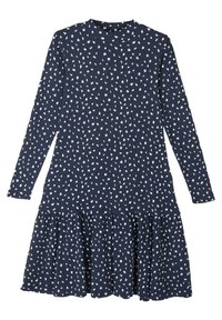 Námornické šaty s dlouhým rukávem vyrobené z texturované tkaniny s bílými vzory připomínajícími listy; mají rozšířenou sukni a kulatý výstřih.