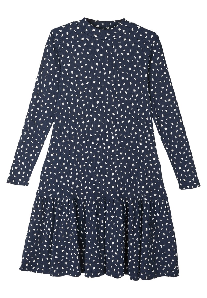 Námornické šaty s dlouhým rukávem vyrobené z texturované tkaniny s bílými vzory připomínajícími listy; mají rozšířenou sukni a kulatý výstřih.