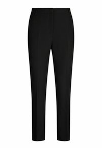 Zwarte op maat gemaakte broeken met een slim fit, voorzien van twee voorzakken, subtiele plooilijnen en strakke afwerkingen. Gemaakt van een gladde stof.