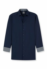 Marineblaue Langarmbluse mit gemustertem Besatz an den Ärmeln und am Kragen, mit einer Knopfleiste und einem glatten, strukturierten Stoff.