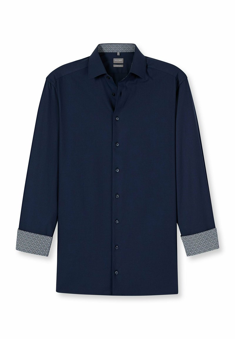 Marineblaue Langarmbluse mit gemustertem Besatz an den Ärmeln und am Kragen, mit einer Knopfleiste und einem glatten, strukturierten Stoff.