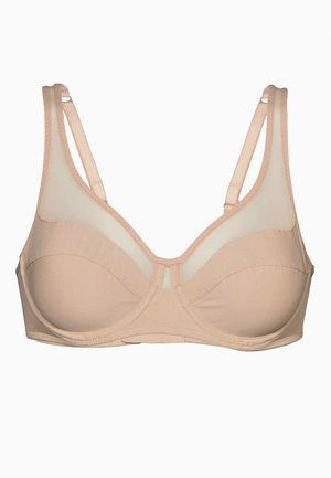 Reggiseno beige con pannelli in rete, supporto con ferretto, spalline regolabili e texture liscia. Coppe curve con una cucitura decorativa centrale.