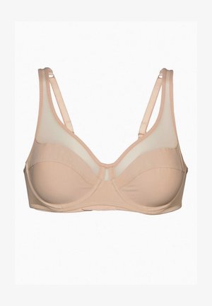 Reggiseno beige con pannelli in rete, supporto con ferretto, spalline regolabili e texture liscia. Coppe curve con una cucitura decorativa centrale.