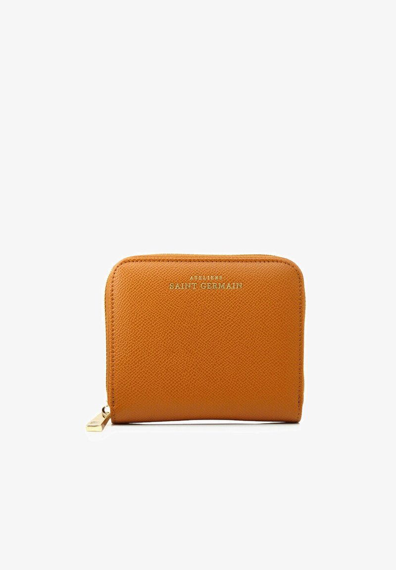Orange leather wallet with a textured finish, featuring a zip closure and gold embossed brand logo on the front. Compact rectangular shape.