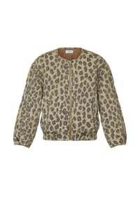 Quilted bomberjakke i tan med et leopardprintmønster, med lynlås foran, ribbede manchetter og elastisk kant.