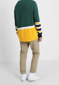 Pull rayé vert et jaune avec un tricot texturé, agrémenté d'accents bleu marine ; associé à un pantalon beige et des chaussures blanches.