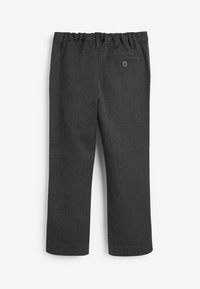 Pantalons gris foncé avec une finition texturée, dotés d'une taille élastique et d'une poche arrière avec un bouton rond.