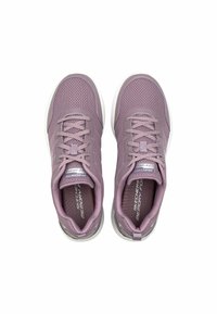 Light purple sporty sneakers with a mesh upper, cushioned insole, and white rubber sole. Features lace-up design and Skechers branding.