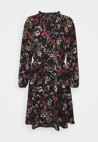 Czarna sukienka w kwiaty z długimi rękawami, marszczonym dekoltem i wcięciem w talii. Posiada kolorowy mix fioletowych, czerwonych i żółtych kwiatów.