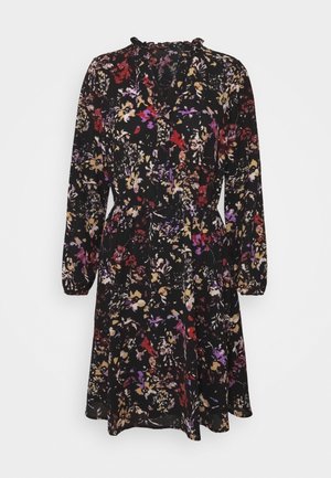 Vestido negro con estampado floral, mangas largas, escote fruncido y cintura ajustada. Presenta una colorida mezcla de flores moradas, rojas y amarillas.