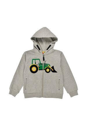 Grauer Kapuzenpullover mit Reißverschluss, Fronttaschen und einer grünen und gelben Traktorabbildung auf der Brust, entwickelt für Kinder.