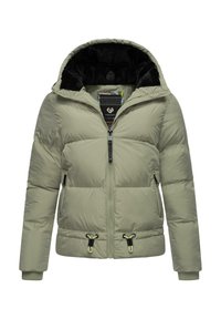 Pufferjack in lichtgroen, met een rits aan de voorkant, kap, twee zijzakken, elastische manchetten en een trekkoord aan de onderkant. Zwarte fleece voering aan de binnenkant.