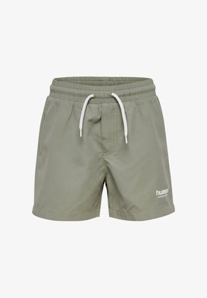 Grüne Badeshorts mit elastischem Bund, weißem Kordelzug und seitlichen Nähten. Aufgedrucktes Logo in Weiß auf der unteren rechten Seite.