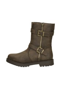 Bruine neplederen gevechtsschoen met twee verstelbare banden met metalen gespen en een zijrits, rubberen zool en ronde neus.