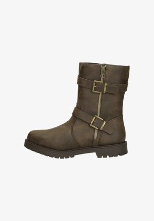 Bottes de combat en simili cuir marron avec deux sangles ajustables et boucles en métal, fermeture éclair sur le côté, semelle en caoutchouc et bout arrondi.