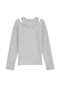 Grauer Langarm-Oberteil mit Rippstrickstruktur, breitem Ausschnitt und lässigem Schnitt. Mit einem geschichteten Schulterdesign.