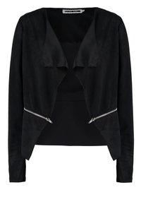 Veste noire en suédine synthétique avec un devant drapé, manches longues et zippers argentés sur les côtés. Texture lisse, design décontracté.