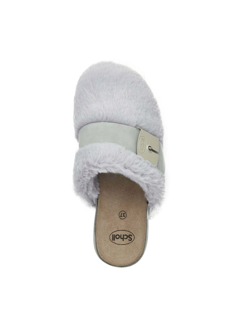 Szare, puszyste klapki z szerokim paskiem, posiadające gładkie tło i zaokrąglony czubek. Wkładka prezentuje logo oraz numer rozmiaru.