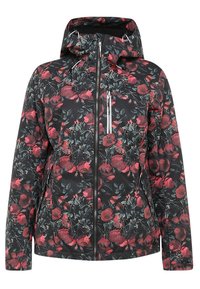 Blumenjacke in Schwarz mit roten Mohnblumen und grünen Blättern. Verfügt über einen Reißverschluss vorne, eine verstellbare Kapuze und zwei Seitentaschen.