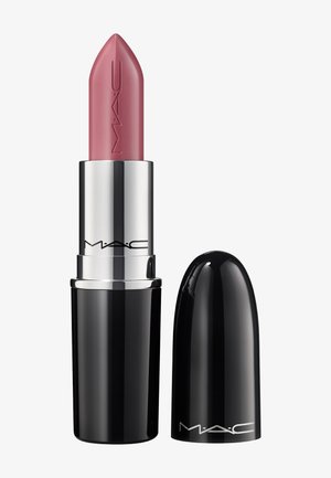 Rouge à lèvres rose MAC avec tube noir et argenté, bouchon retiré et placé à côté du rouge à lèvres sur fond blanc.